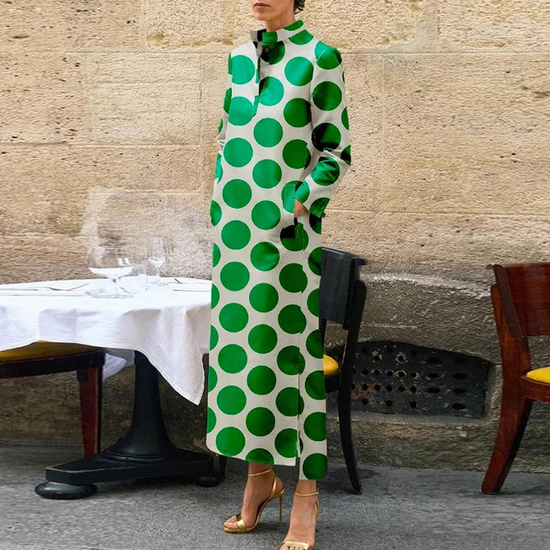 Autumn Party Maxi Dress - V Neck, Long Sleeve, Dot Print