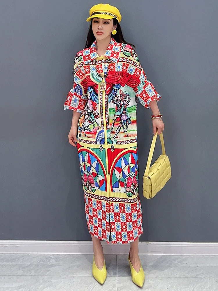 Chic Spring 2024 Printed Dress - Loose Fit, Folds Design, Three Quarter Sleeve - SHENGPALAE