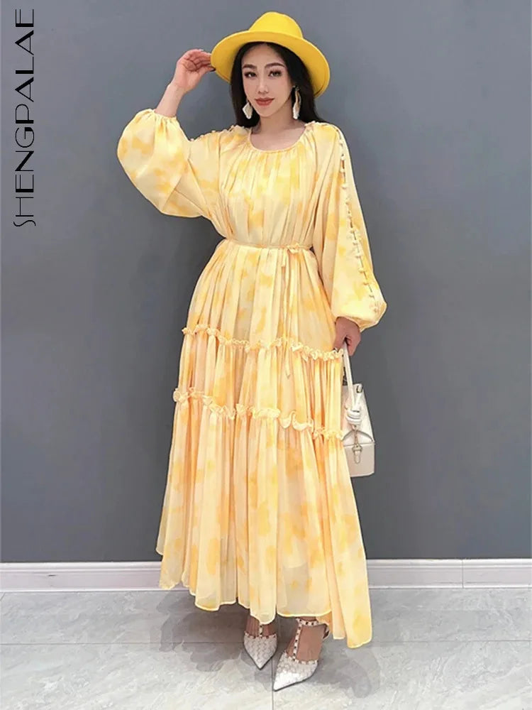 Elegant Chiffon Printed Dress - Spring/Summer 2024 Collection - Loose Fit - Long Sleeve - SHENGPALAE