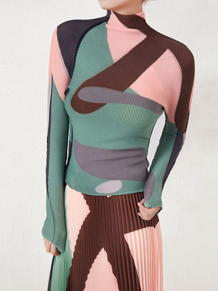 LANMREM Color Block T-shirt & Skirt Set | Long Sleeves Turtleneck Top & Elastic Waist Skirt | Women's Fashion