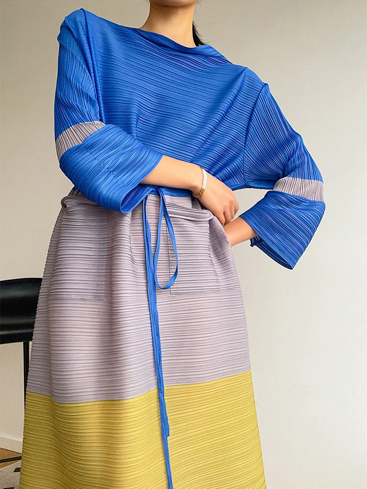 2024 Spring Summer Fashion Plus Size Color-block Dress with Flared Sleeves and Belt