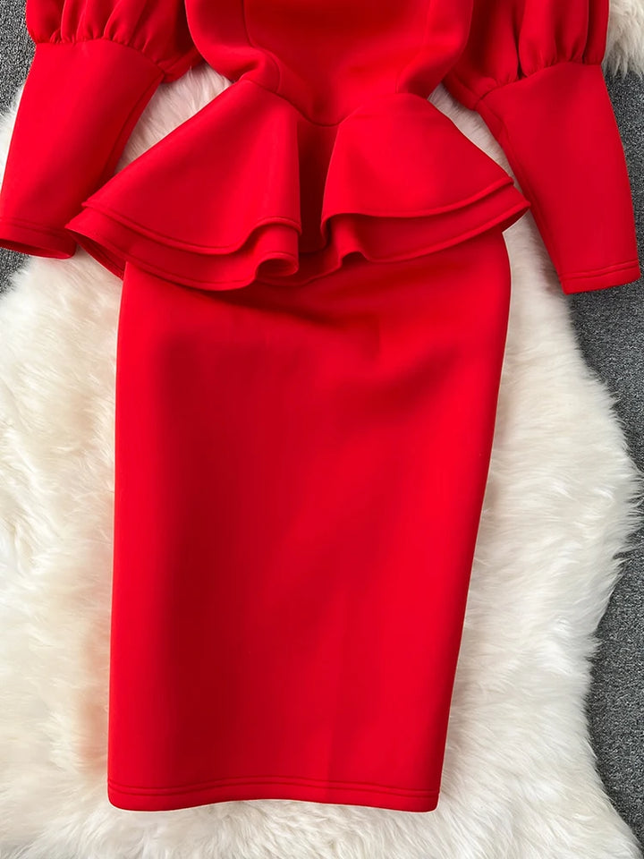 Red Party Dress with Puff Sleeve - Korean Fashion 2024