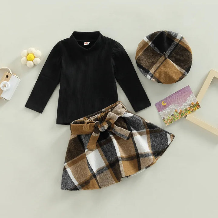 Kids Girls Autumn Clothing Children Outfits Solid Ribbed Long Sleeve Mock Neck Tops + Plaid Skirt + Beret Hat 3Pcs Set