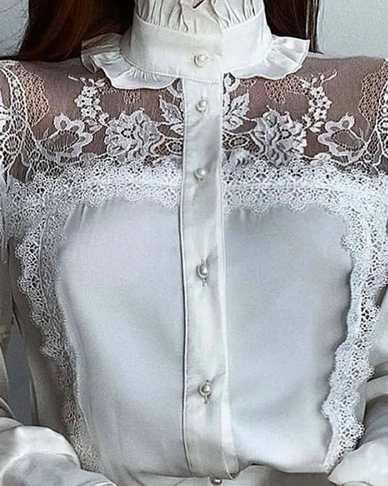 Sweet Vintage Lace Blouse - Women's Stand Collar Top