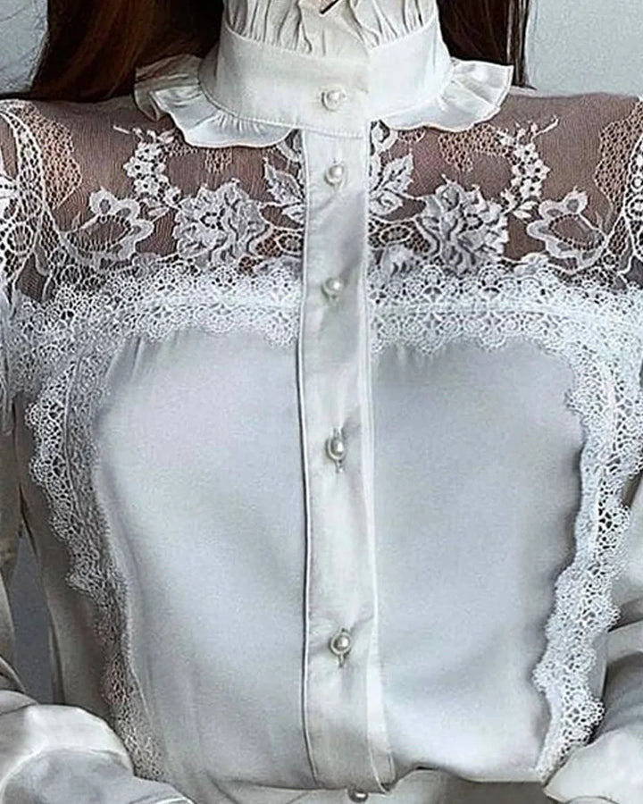Sweet Vintage Lace Blouse - Women's Stand Collar Top