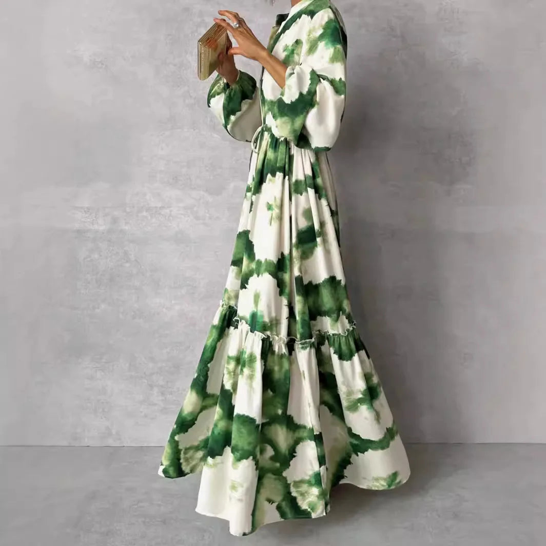 Elegant Green Print Maxi Dress