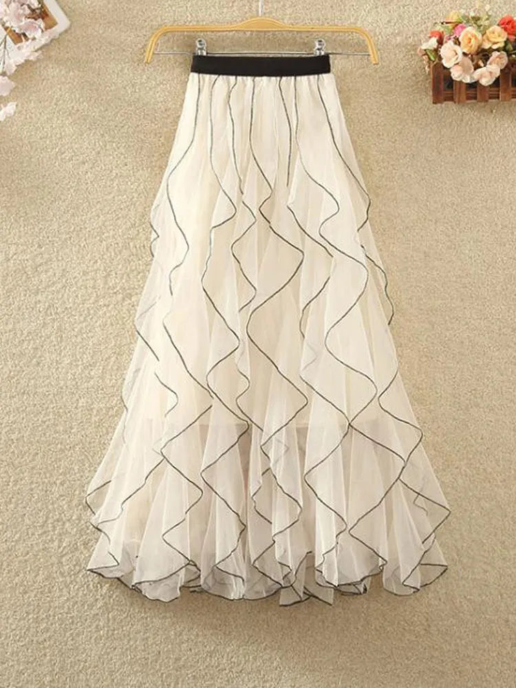 Summer/Winter Tulle Mesh Skirt - High Waist, Ruffled, Pleated - Women's Sizes