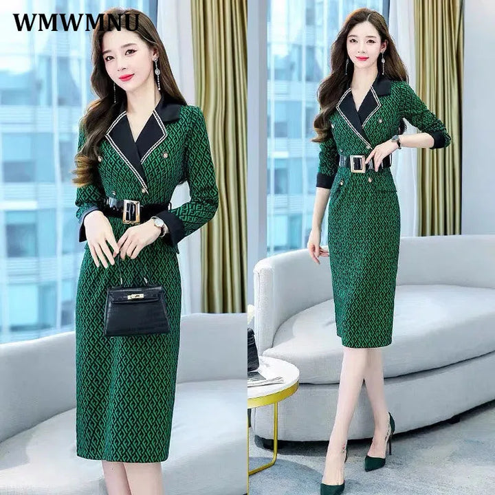 Vintage Notched Collar Belt Balzer Dress - Elegant Office Style for Autumn Parties