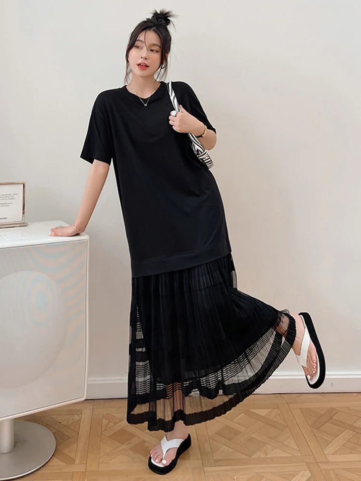 Stunning Korean Summer Dress - Mesh Patchwork, Pleated, Short Sleeve - Elegant 2022 Fashion for Women