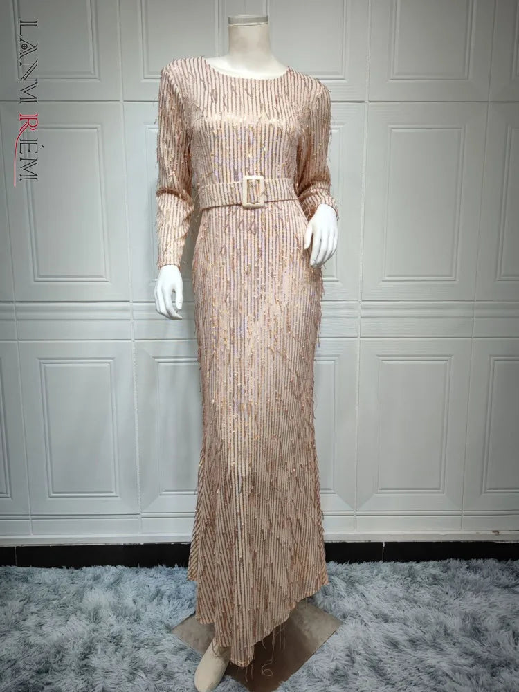 Elegant Sequin Tassel Dress with Gathered Waist - Perfect for Evening Parties!