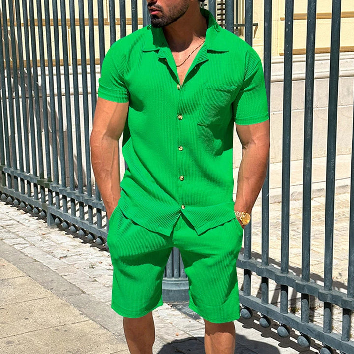 Men's Summer Beach Casual Two Piece Set - Solid Color Loose Short Sleeve Shirts and Shorts