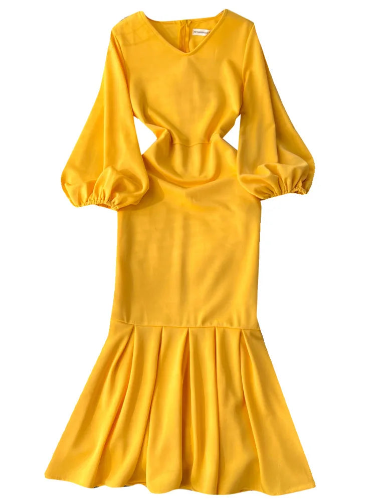 Elegant V-Neck Solid Color Dress - Autumn/Winter 2024