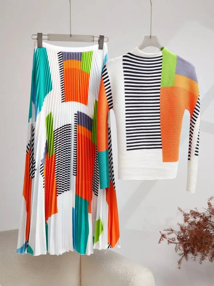Women's Jacquard Striped 2-Piece Set: Top + Miyake Skirt Suit
