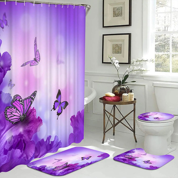 Home Purple Flower Butterfly Waterproof Print Shower Curtain 4 Piece Carpet Cover Toilet Cover Bath Mat Pad Set Bathroom Curtain