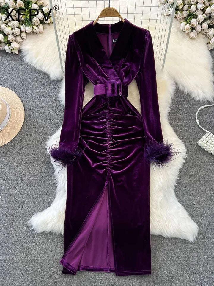 XFPV Women Velvet V-Neck Dress Autumn Winter 2024
