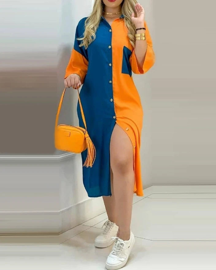 2024 Spring Fashion Women's Colorblock Shirt Dress - Casual & Chic!