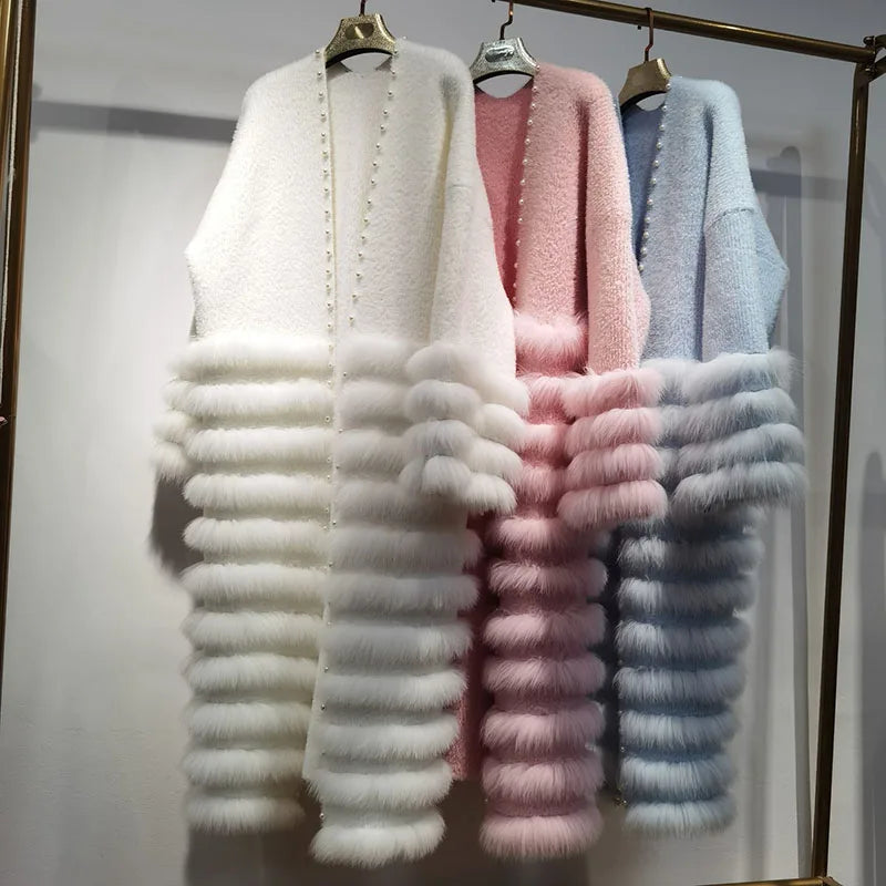 Women's Fox Fur Stripe Knitted Cardigan Coat