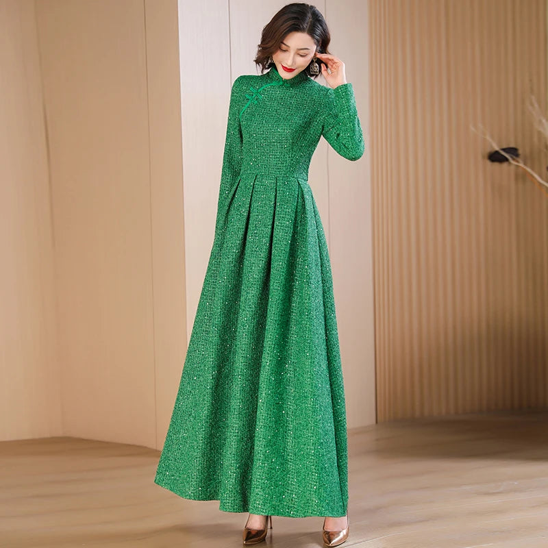 Green Chinese-Style Long Dress for Autumn Events - 3cm Error