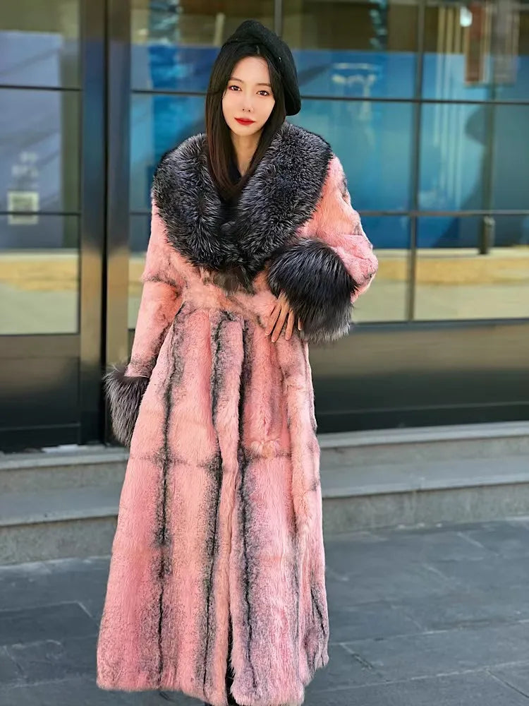 2023 Winter Hot Sales Genuine High-End Leather Whole Rabbit Fur Print Long Women's Fur Coat Fashion Style Fox Fur Warm Jacket