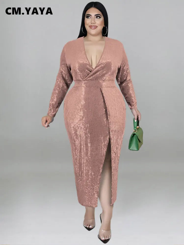 CM.YAYA Plus Size Sequined Women Wrap V-neck Long Sleeve High Side Slit Maxi Long Sexy Party Club Even Bodycon Midi Dress