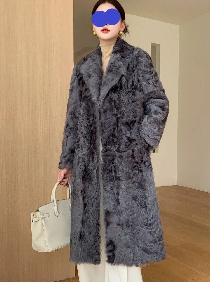 Lamb fur coat for women, light luxury, sheepskin, fur one piece coat, patchwork whole mink, V-neck, medium length, winter 2023