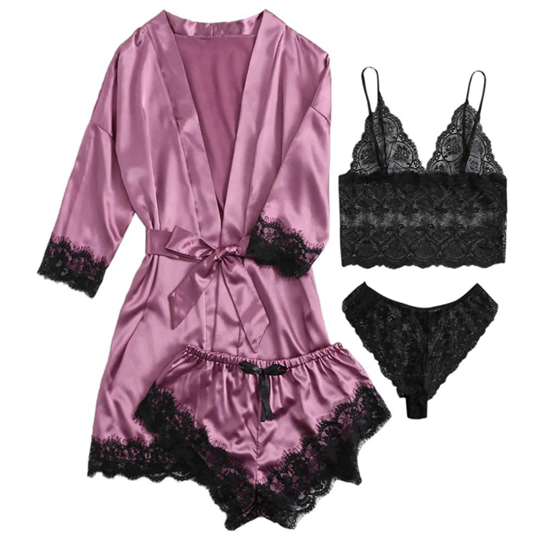 Women' Silk Satin Pajamas Set 4pcs Lingerie Floral Lace Sleepwear With Robe Nightgown Long