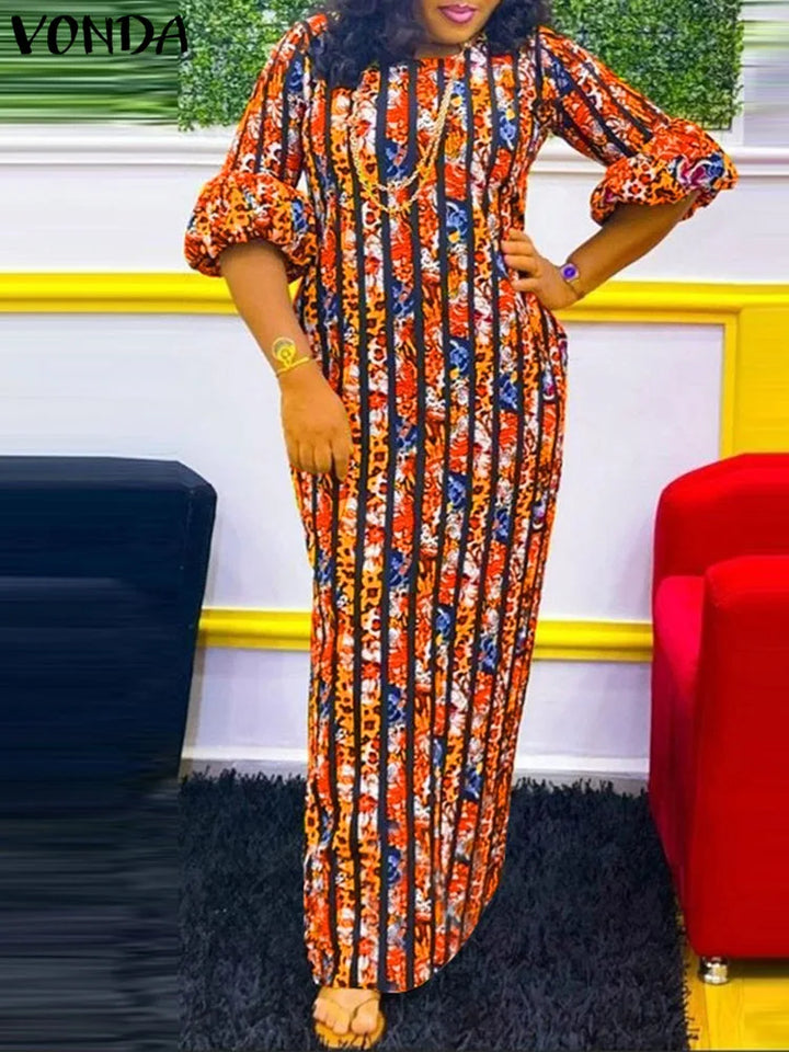 VONDA Plus Size 5XL Bohemian Women Printed Maxi Dress 2023 Autumn Lantern Sleeve Printed Casual Loose Sundress Vintage Vestidos