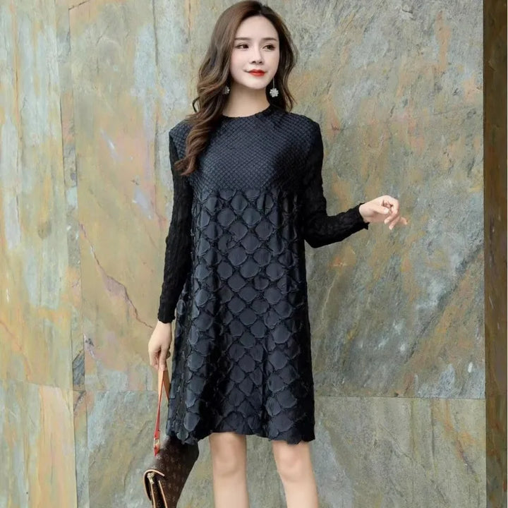 Elegant Miyake Fish Scale Dress | Women's Plus Size Short Dress