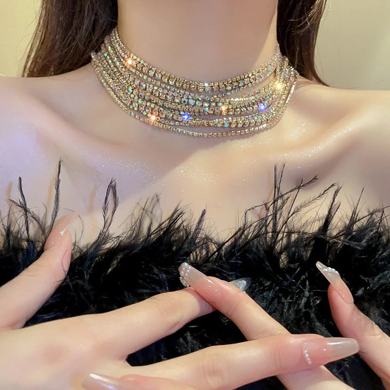 FYUAN Crystal Choker Necklaces - Multilayer Rhinestone Statements Jewelry for Women