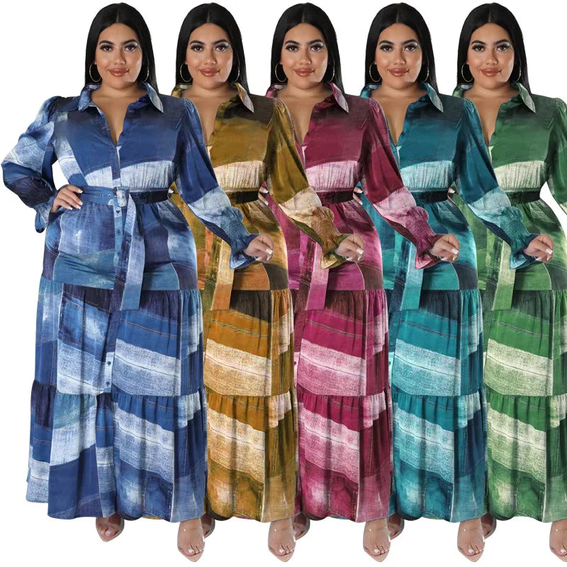 Plus Size Patchwork Print Dress For Women Chubby Blouse Belt Cloth Lady Luxury Long Robes 2023 Summer Trendy Party New In Dress