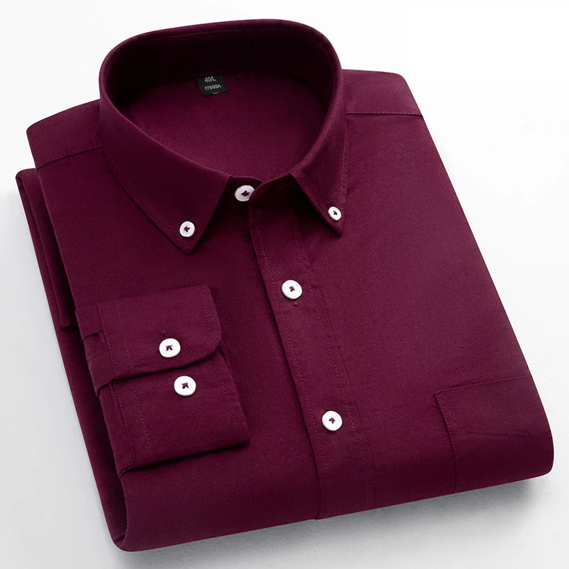 Men's Classic Fit Cotton Long-Sleeve Shirt - Oxford Solid Color Office Top