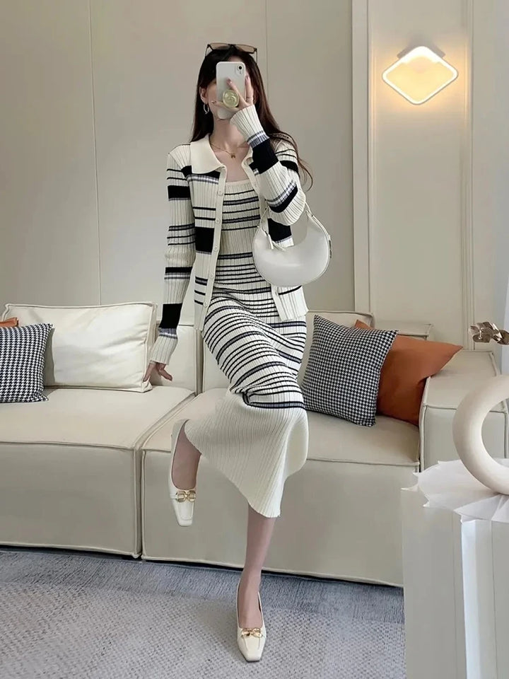 Korean Strip Knitwear Dress 2 Piece Set Elegant Long Sleeve Zip Knit Cardigan Outfit Sleeveless Hip Wrap Vestidos Conjuntos