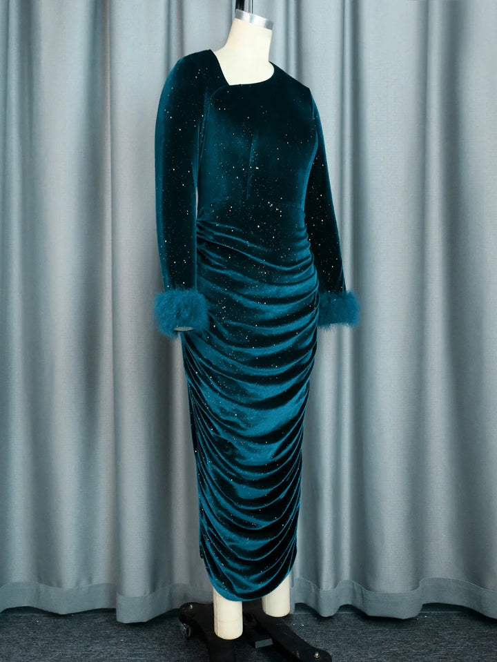 Plus Size Formal Velvet Dress with Shiny Sequins and Feather Detail - Perfect for Celebrations and Events - Sizes up to 4XL