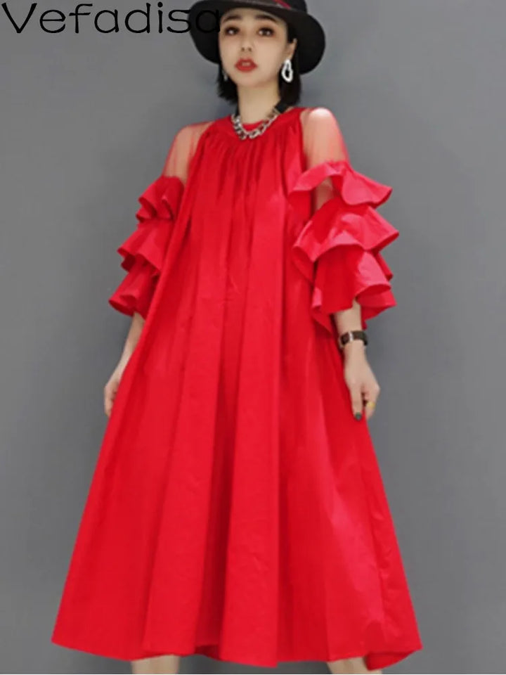 2024 Spring Summer Dress: Ruffle Sleeve, Loose Fit, Mid-length, Mesh Splicing, Strapless - Women's LHX3914