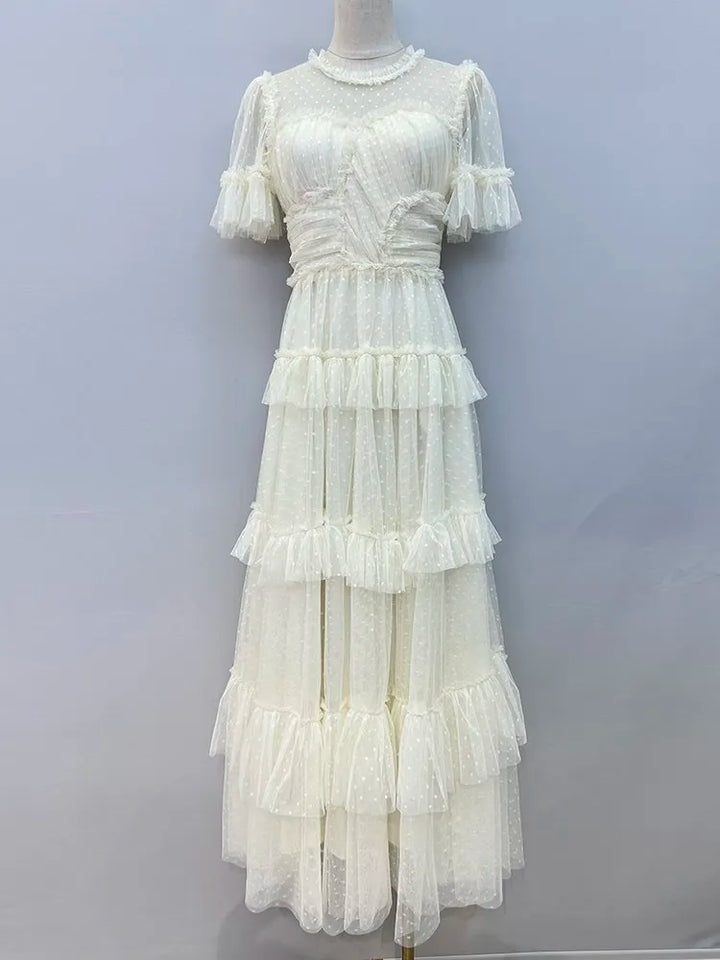 Vintage High Waist Mesh Dress: Round Neck, Short Sleeve, Tiered Design - Women's Fashion