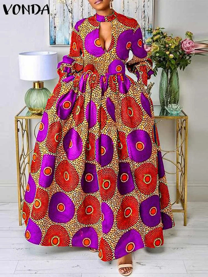 2024 Autumn VONDA Bohemian Maxi Dress - Floral Print, Long Sleeve, Sexy Split, Casual Loose Fit