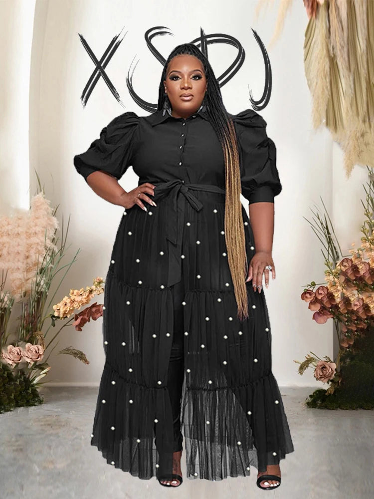 Sexy Mesh Dress with Pearls - Plus Size