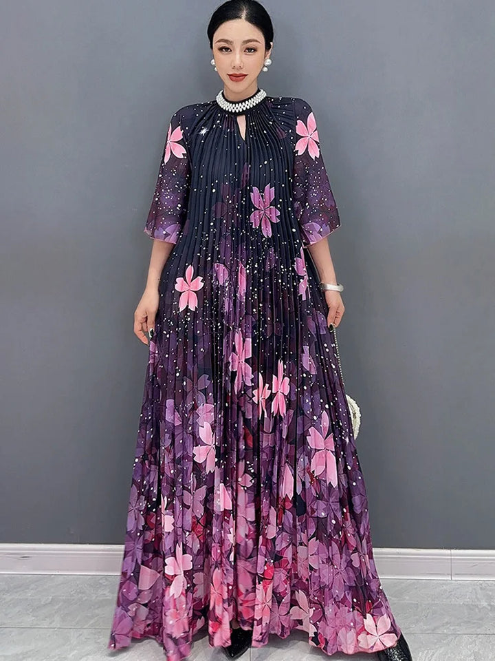 Stunning SHENGPALAE 2024 Spring Summer Women's Dress - Diamond Inlaid, Formal, Printed, Pleated, Large Hem!