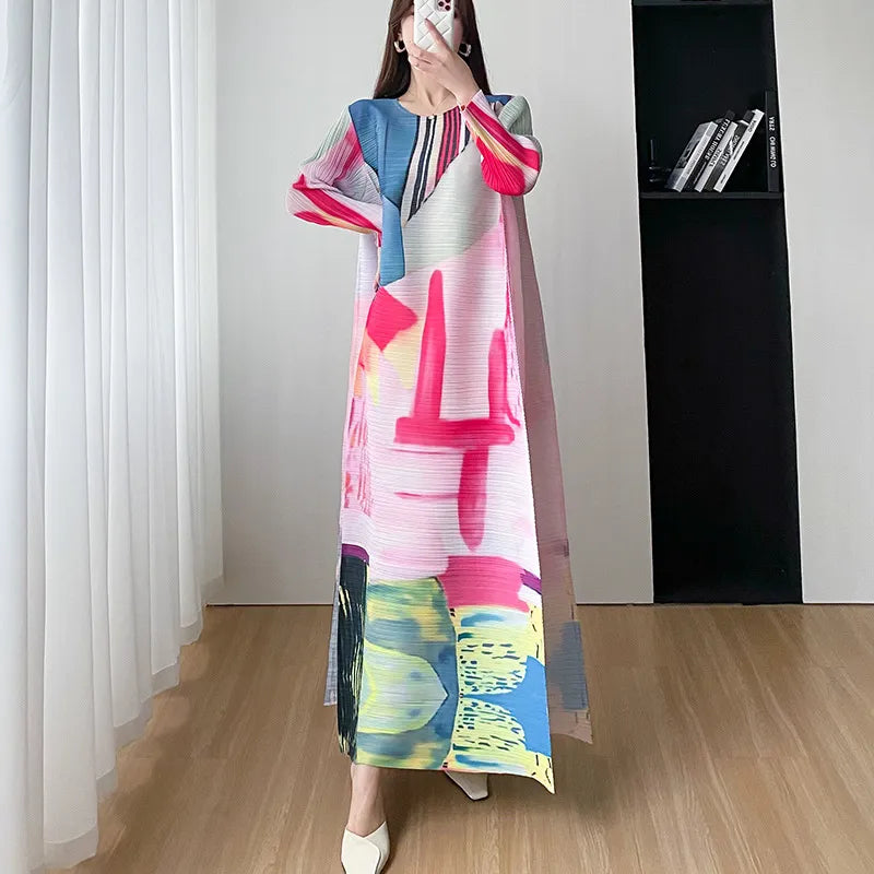 Luxury Miyake Pleated Summer Dress - Fashion Print, Plus Size, Casual A-Line, Round Neck, Evening Dress (Size: One Size)