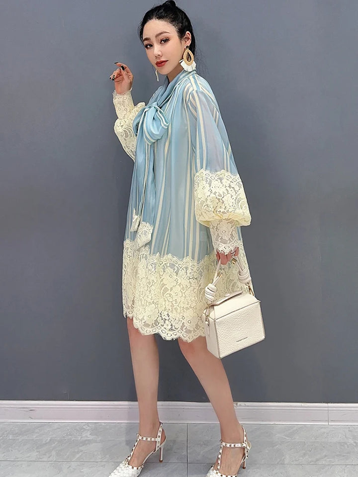 2024 Spring Summer Chiffon Lace Shirt Dress - Loose Fit, Mid Length - SHENGPALAE