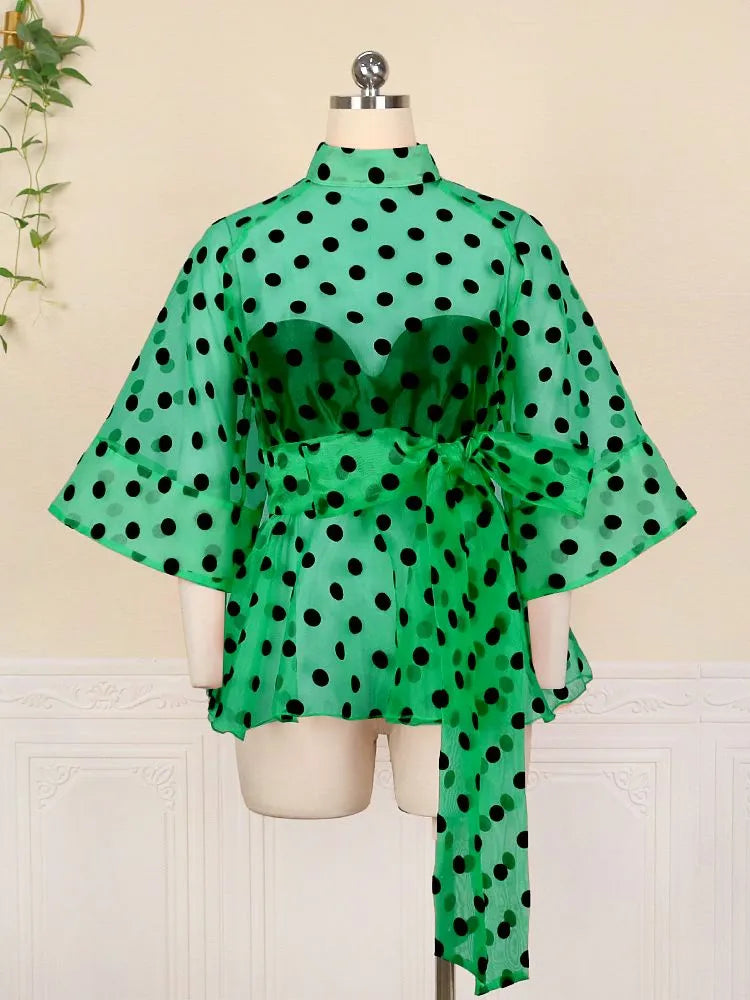 Polka Dot Peplum Blouse - Sheer, Sexy, and Stylish - Sizes S-2XL
