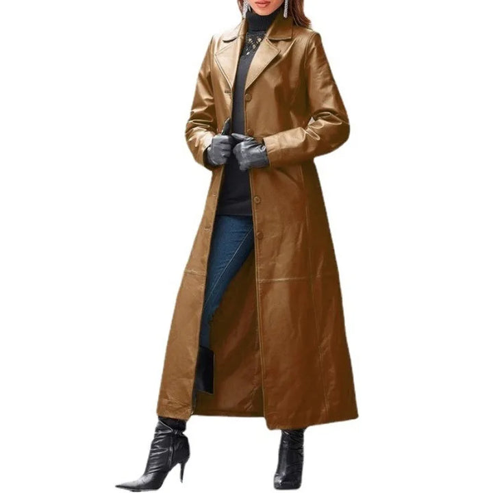 Women's Leather Trench Coat - Slim Fit Outwear with Button Detail