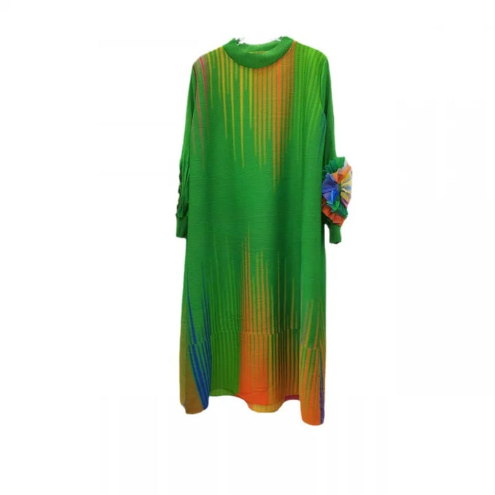 2023 Spring/Autumn Women's Printed Dress - Loose Fit, Plus Size, Tipping Detail - Miyake Style