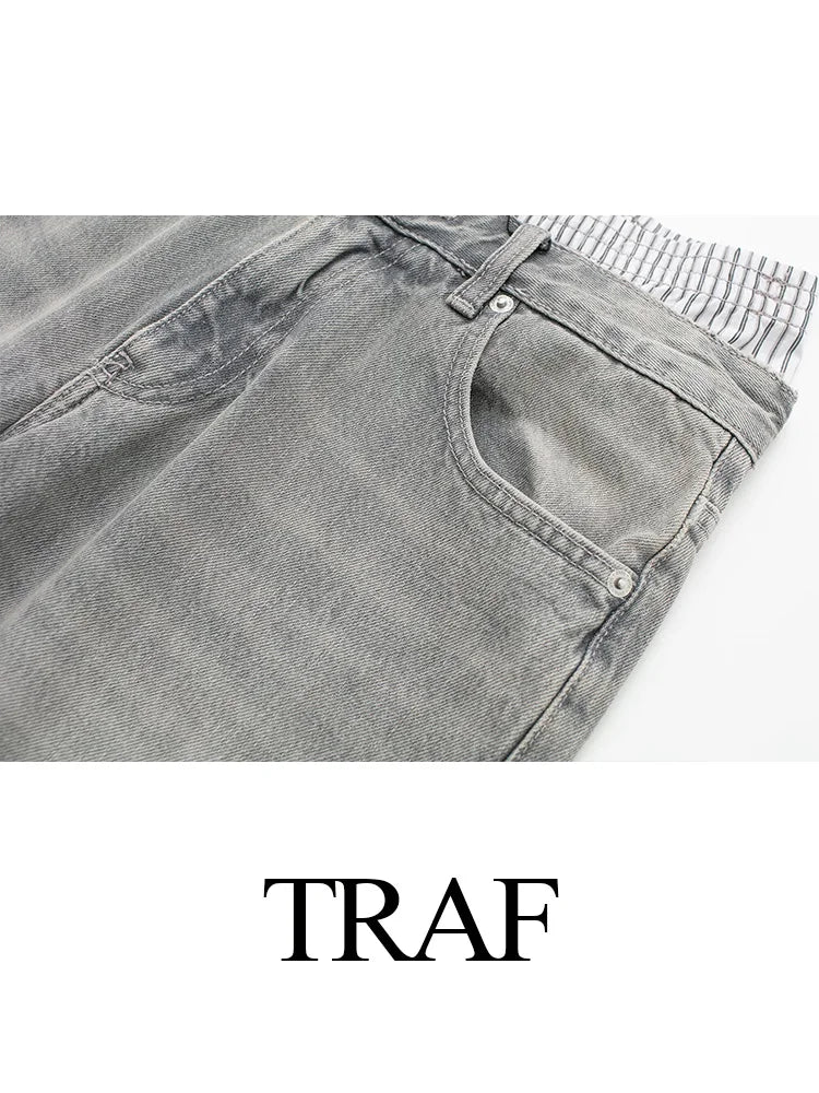 Upgrade Your Style with TRAF 2024 Women's Patchwork Jeans - Casual, Wide Leg Denim Pants for a Fashionable Look!