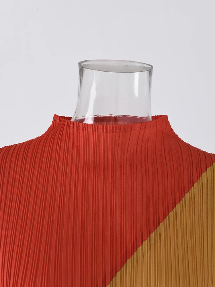 LANMREM Color Block Pleated Dress - Fashionable 2024 Spring Clothing for Women - Stand Collar, Slim Fit, Half Sleeves - Sizes 90-130cm - 32C110