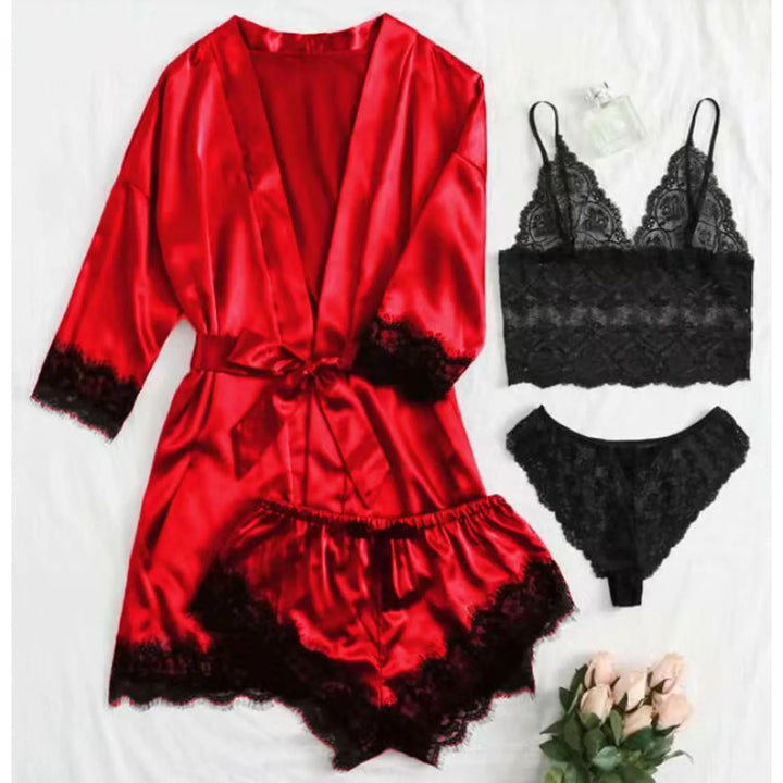 Women' Silk Satin Pajamas Set 4pcs Lingerie Floral Lace Sleepwear With Robe Nightgown Long