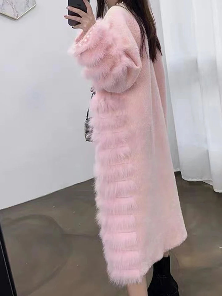 Winter Fox Fur Coat For Women 2023 European Fashion Ladies Sweet Pink Blue Pearl Beading Mink Velvet Long Overcoat Manteau Femme