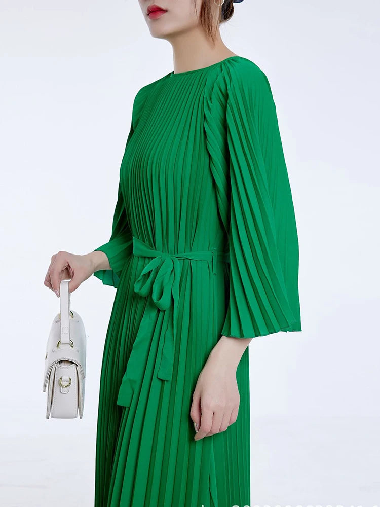 LANMREM Casual Solid Color Pleated Dress