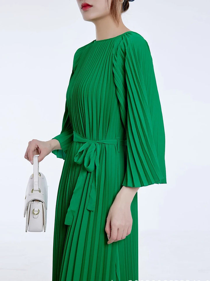 LANMREM Casual Solid Color Pleated Dress