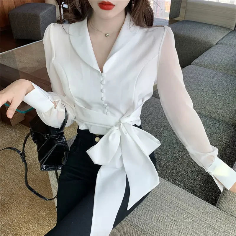 2023 Women's V-Neck Bow Crop Top - Elegant White Chiffon Blouse for Slim Waist